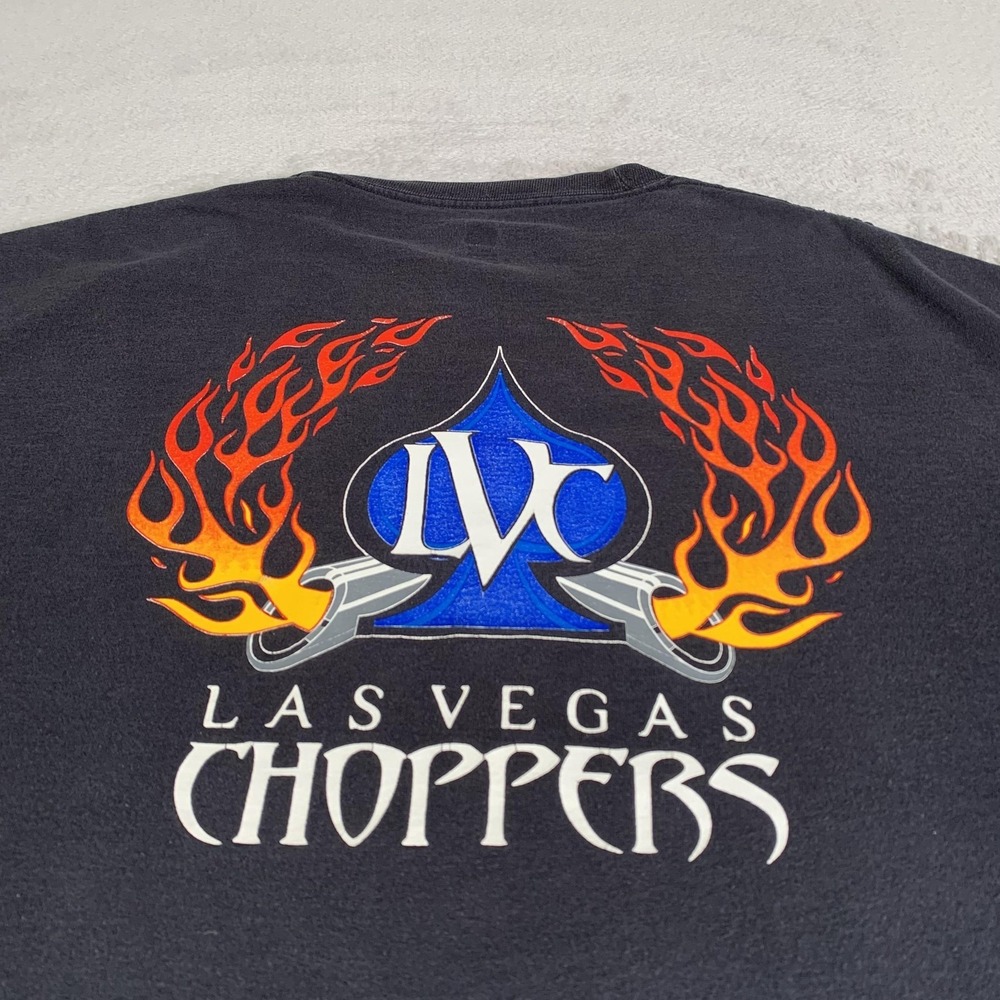 Las Vegas Choppers Shirt Mens XL Black Hanes Flames Motorcycle Biker Tee FLAWS